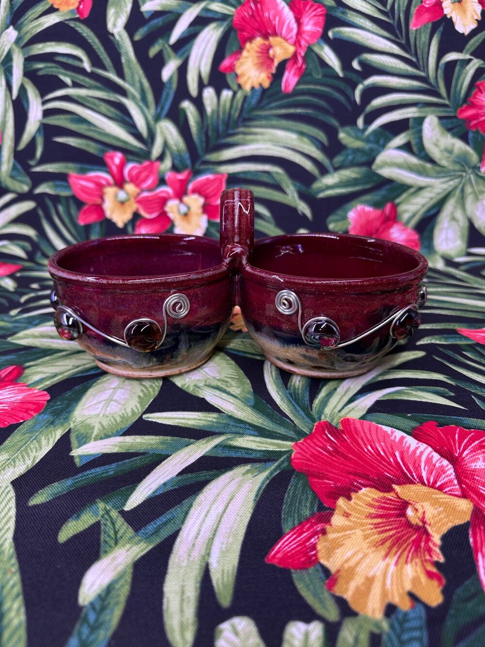 Handcrafted Ceramic Double Bowl With Handle  Red/Blue Glaze
